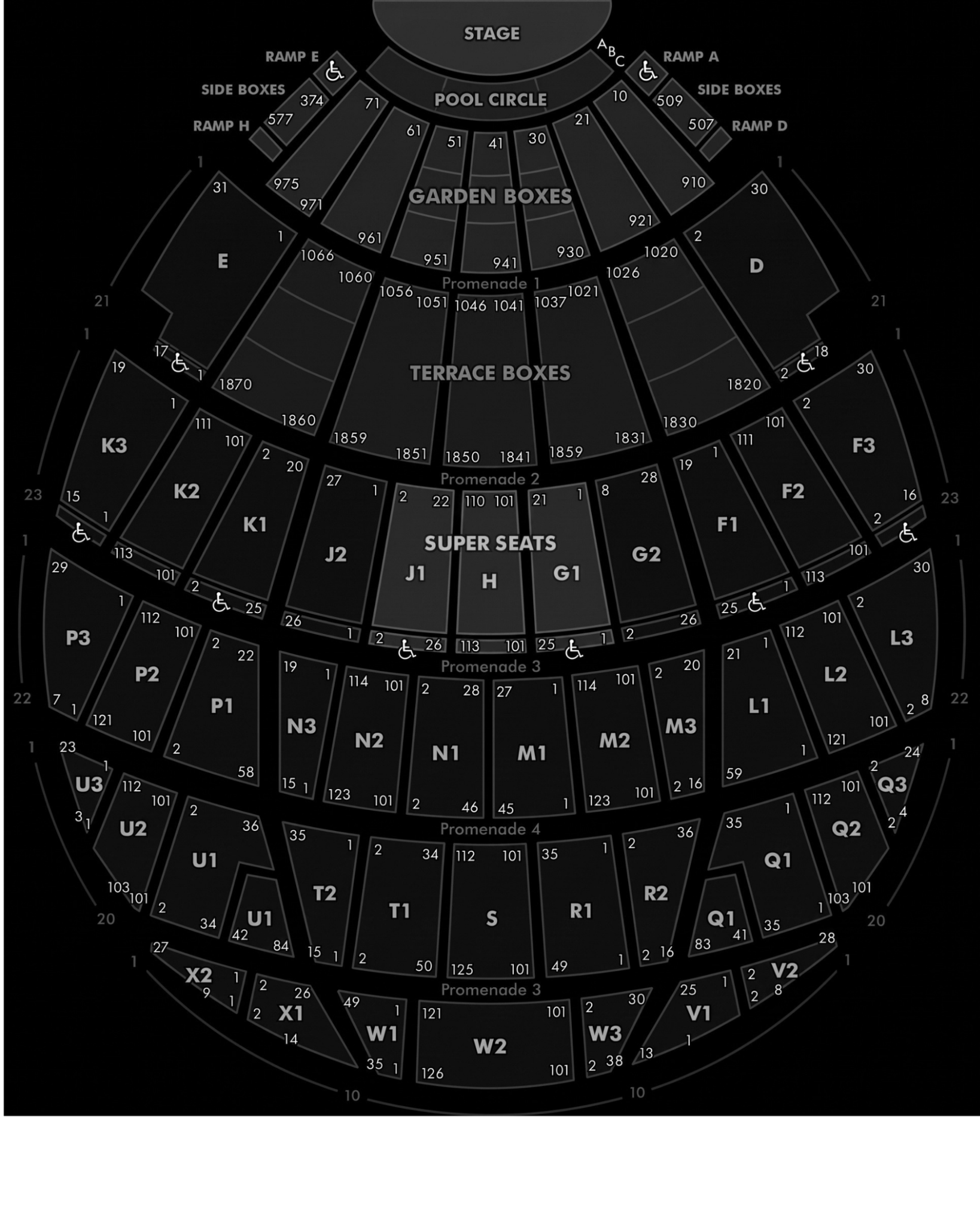Official Hollywood Bowl seating chart with the stage at the top and seating sections extending downhill on the diagram.